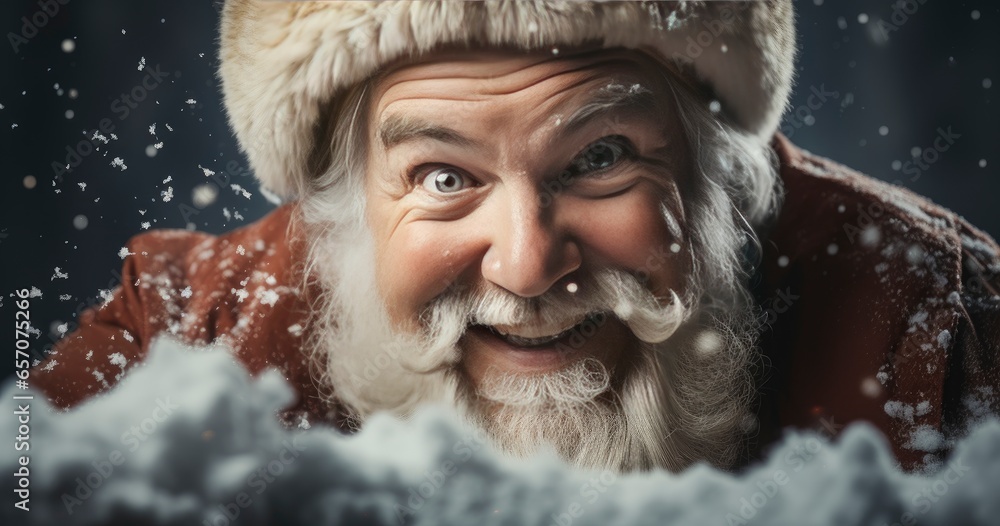 Santa Claus pointing in white blank sign with smile, on winter snow background. Santa Claus pointing in white blank sign with smile, on winter snow background.