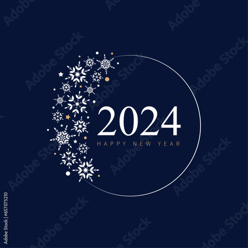 Happy new year 2024, elegant blue, white, beige, with snowflakes