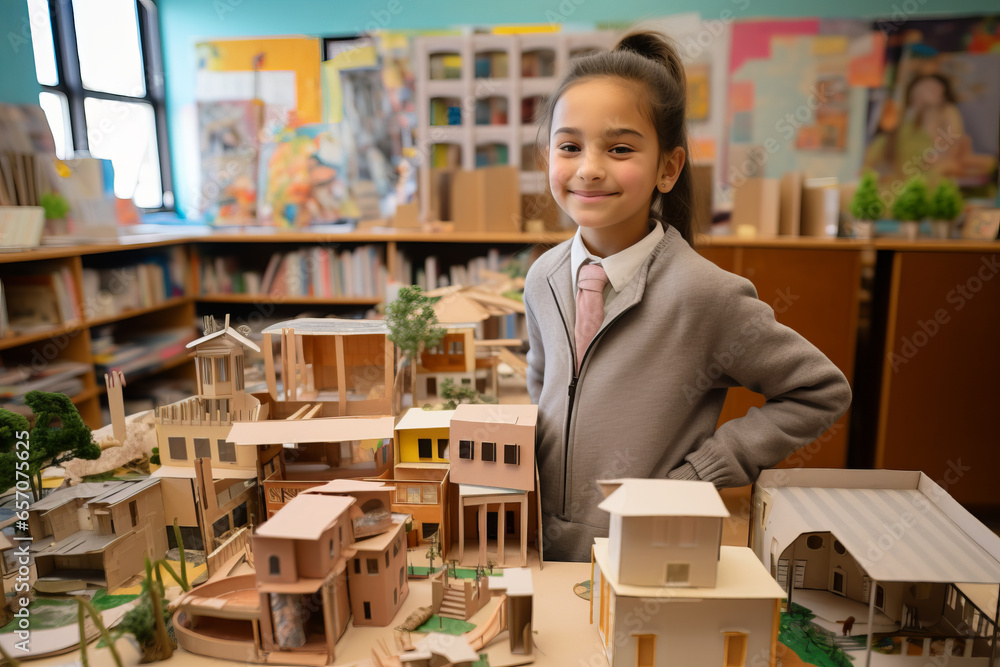 Cute optimistic child presenting her school project. Little girl demonstrating a model she made for school. Kid doing homework.