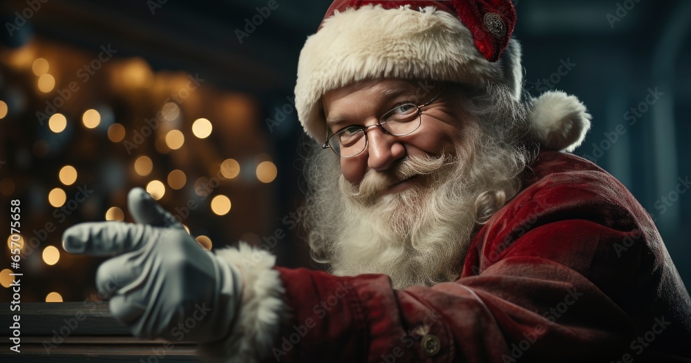 Santa Claus pointing in white blank sign with smile, on winter snow background.