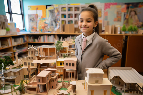 Cute optimistic child presenting her school project. Little girl demonstrating a model she made for school. Kid doing homework.