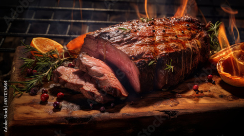Grilled beef steak ribeye on wooden cutting board. Presentation of ribeye beef steak grilled on slate plate. Juicy Freshly grilled Ox rib.