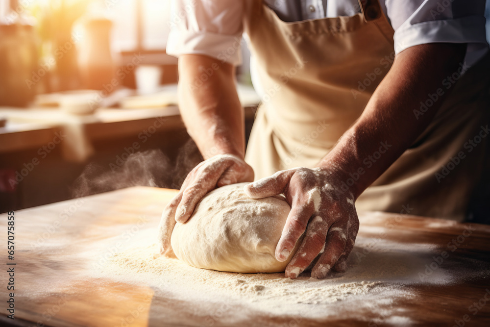 Close-up on baker's hands kneading a dough on a wooden table in bakery, surrounded with kitchen utensils. Professional baker man baking bread.