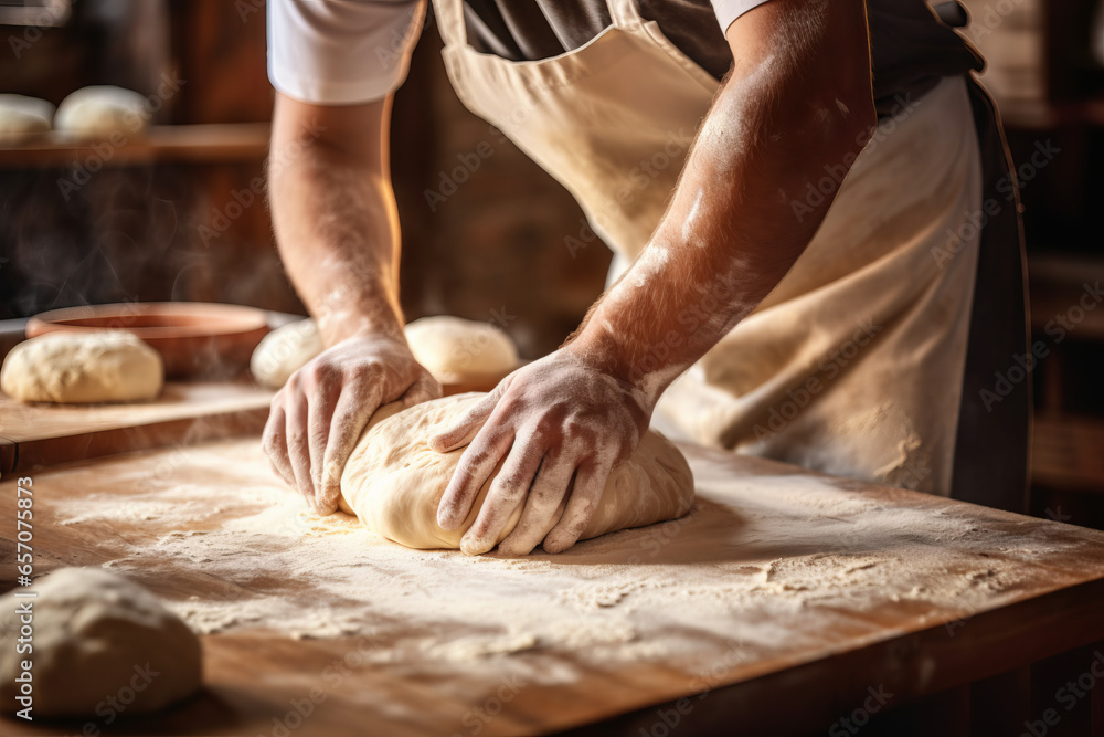 Close-up on baker's hands kneading a dough on a wooden table in bakery, surrounded with kitchen utensils. Professional baker man baking bread.
