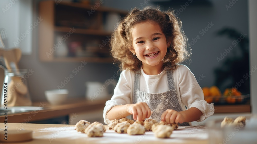 Happy little girl eats cookies in kitchen at home - obrazy, fototapety, plakaty 
