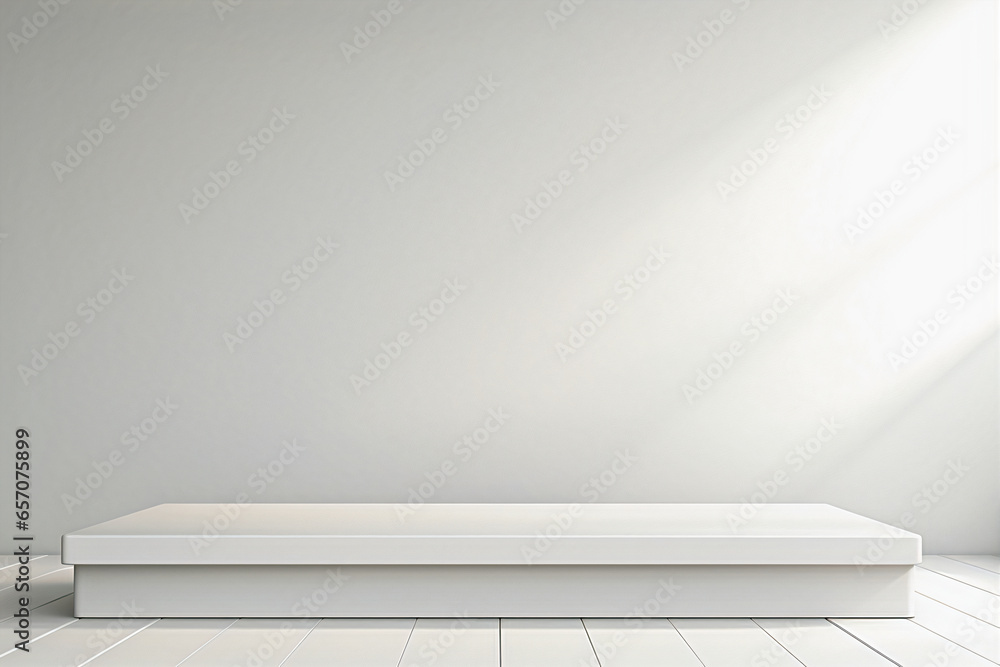 White realistic 3D podium with shadows and lighting in studio for product promotion and advertising. Generative AI White realistic 3D podium with shadows and lighting in studio for product promotion and advertising. Generative AI