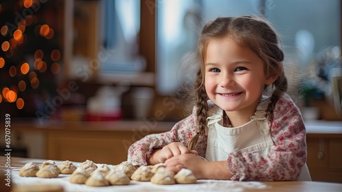 Happy little girl eats cookies in kitchen at home