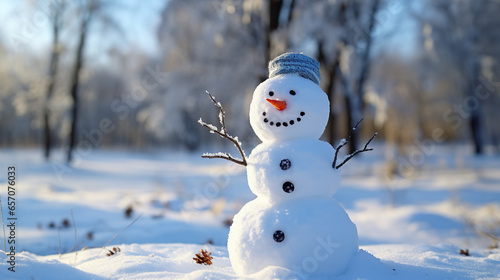 Little snowman in forest with hat and scarf in the snow, winter is coming, carrot nose