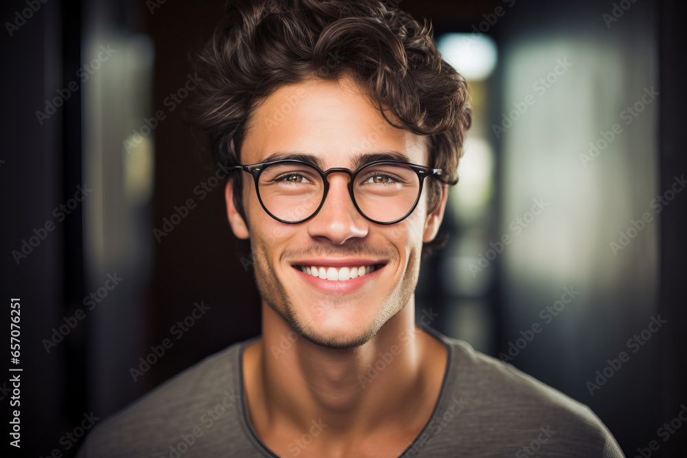 Portrait of an attractive young man wearing eyeglasses. Head shot of smiling person wearing glasses. Portrait of an attractive young man wearing eyeglasses. Head shot of smiling person wearing glasses.