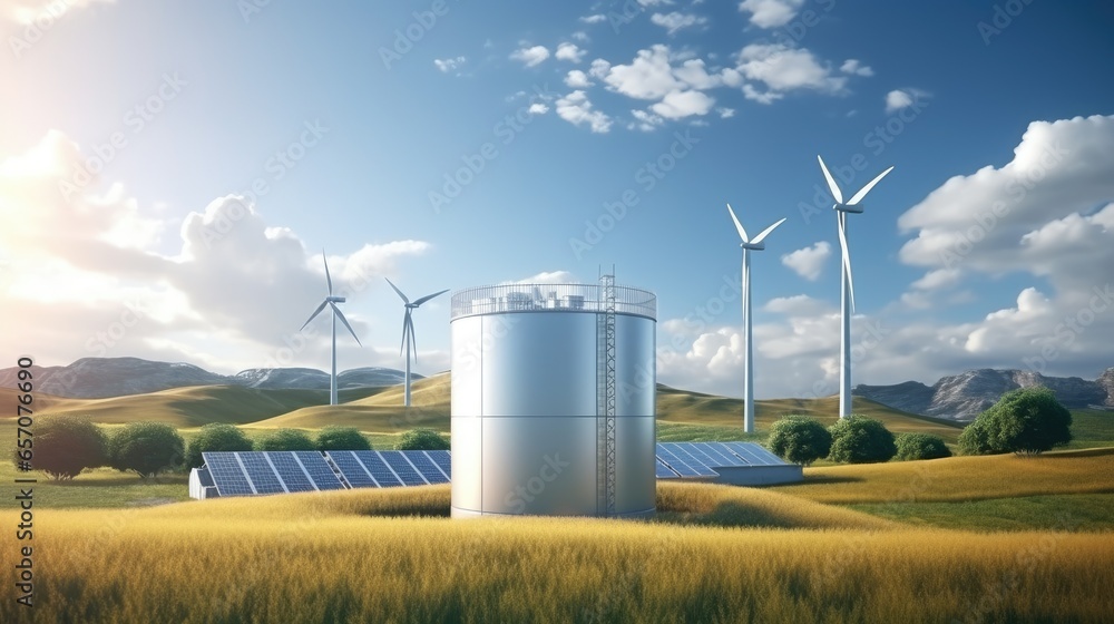 Hydrogen energy storage tank for clean electricity generation Solar energy and wind turbines - obrazy, fototapety, plakaty 