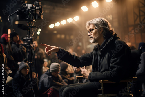 Talented film director directing a movie with the help of his assistants on set. Male movie professional pointing with his hand. Film studio crew doing high budget movie.