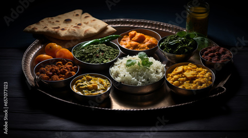 Colorful plate of Indian food, close up of traditional Indian lunch with rice, various curries, pickles, and vegetables