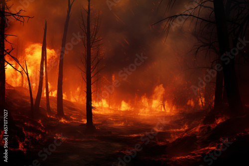 Wildfire, unplanned, uncontrolled and unpredictable fire in an area of combustible vegetation. © MNStudio
