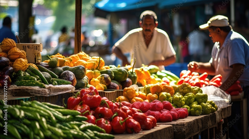 People sell fresh fruits and vegetables in Latin American markets