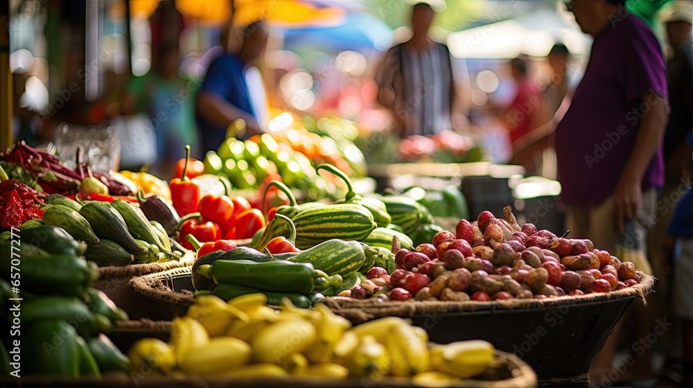 People sell fresh fruits and vegetables in Latin American markets