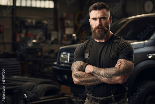 Handsome technician standing with his arms crossed in a garage. Male worker repairing cars and vehicles in a workshop.