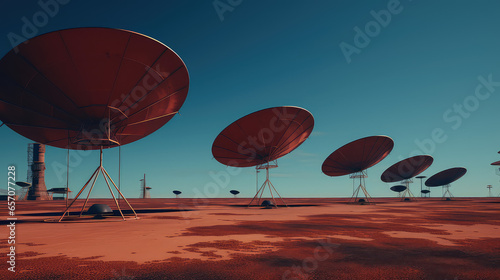 A futuristic composition of cable TV dish lines up on the ground. Creative concept of satellite television. 3d render illustration style.