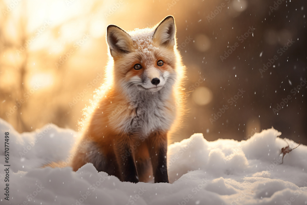 Cute fluffy red fox in snowy winter forest on sunny evening. Wild animals in nature. Cute fluffy red fox in snowy winter forest on sunny evening. Wild animals in nature.