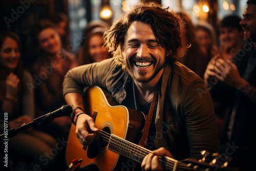 Cheerful musician performing in a pub. Performer playing a guitar. People gathering in the background.