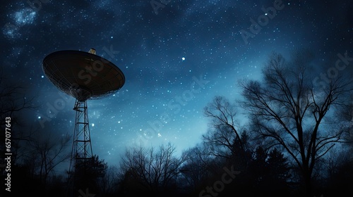 Satellite dish at night. The sky has the Milky Way.