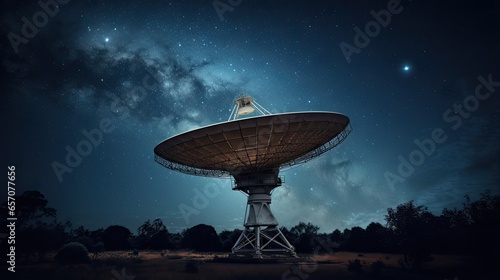 Satellite dish at night. The sky has the Milky Way.