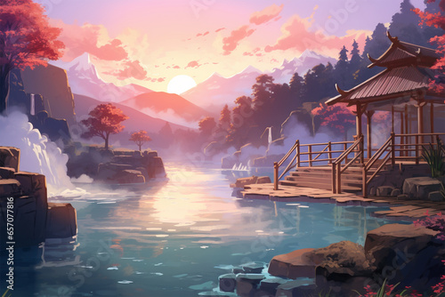 anime style background, view of a temple by the lake