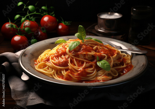 Spaghetti bolognese with meatballs, fresh tomato's, sauce, parsley and cheese served on a plate with rustic background