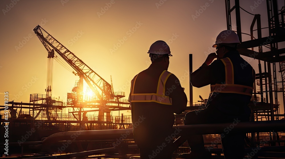 Silhouettes of two industrial engineers discussing a business plan. The back of the oil rig