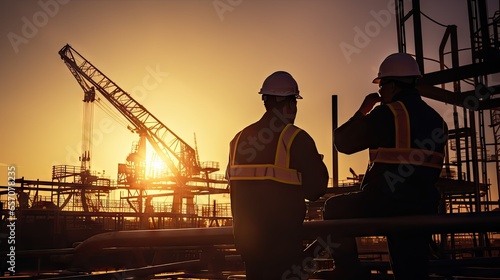 Silhouettes of two industrial engineers discussing a business plan. The back of the oil rig