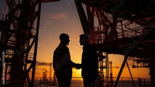 Silhouettes of two industrial engineers discussing a business plan. The back of the oil rig