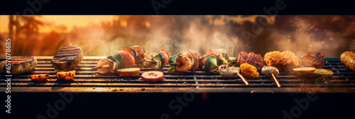 Close up view of barbecued chicken skewers and veg, with people in the background