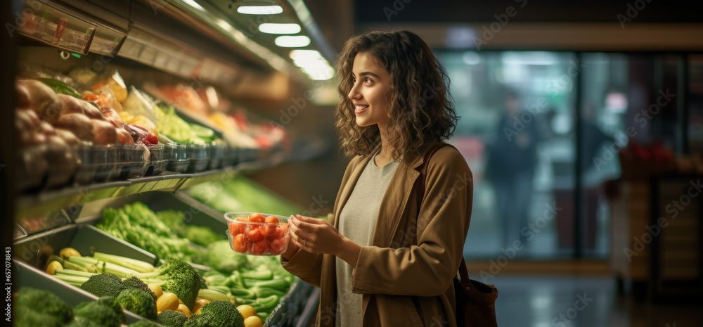 Beautiful woman buying food in a supermarket, shopping vegetables on a market