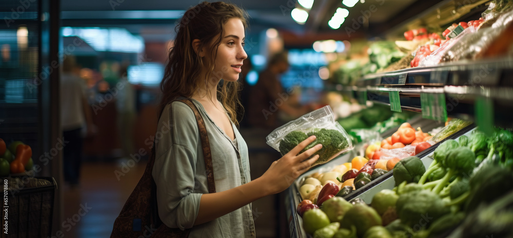 Beautiful woman buying food in a supermarket, shopping vegetables on a market