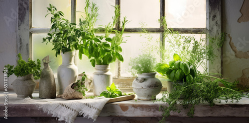 Different types of aromatic potted herbs on windowsill indoors photo