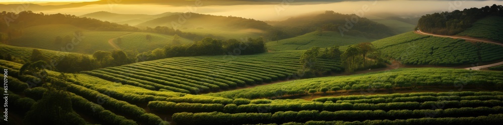 Sunset view of a Brazilian coffee plantation at