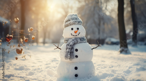 Little snowman in city with hat and scarf in the snow, winter is coming, carrot nose photo