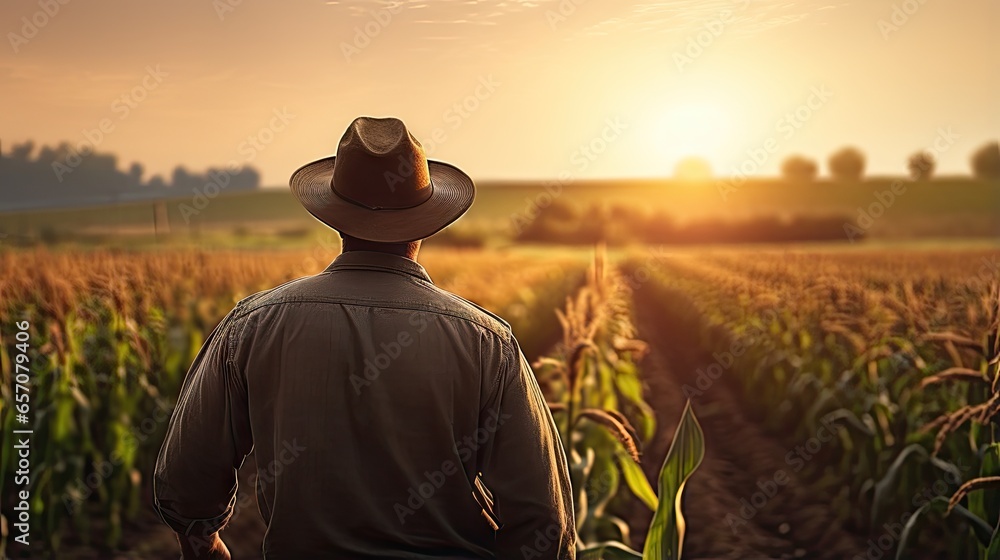 Sunset view of a corn field with a male farmer in a hat standing in natural light Sunset view of a corn field with a male farmer in a hat standing in natural light