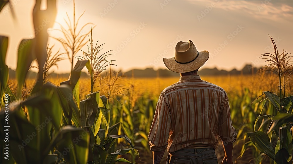 Sunset view of a corn field with a male farmer in a hat standing in natural light