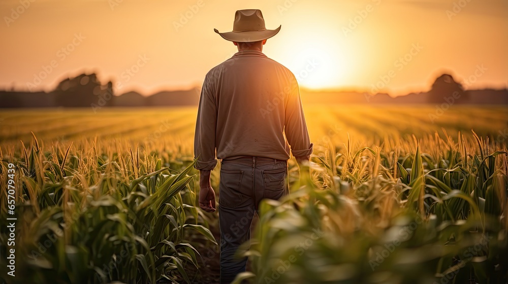 Sunset view of a corn field with a male farmer in a hat standing in natural light Sunset view of a corn field with a male farmer in a hat standing in natural light