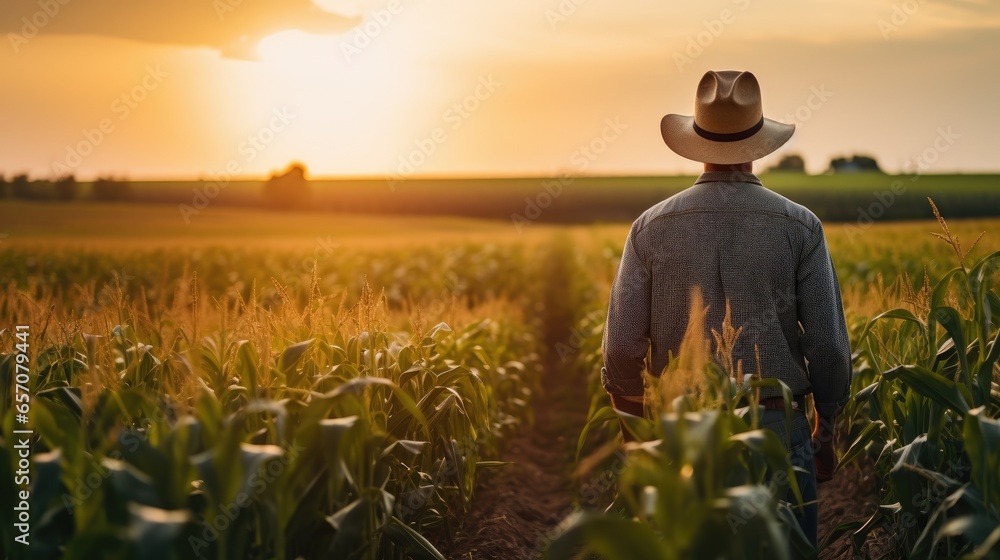 Fototapeta premium Sunset view of a corn field with a male farmer in a hat standing in natural light
