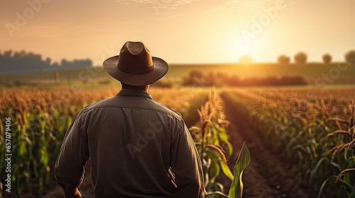 Sunset view of a corn field with a male farmer in a hat standing in natural light © somchai20162516