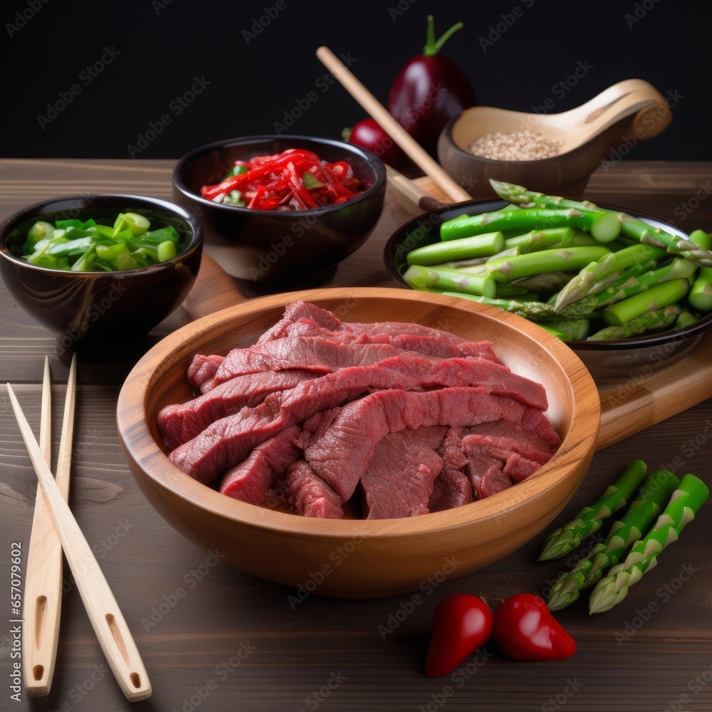 A beautifully set wooden table with an array of delicious food in bowls A beautifully set wooden table with an array of delicious food in bowls