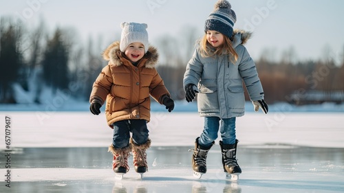 children bundled up in winter gear as they take their first steps onto the frozen pond. Their expressions of wonder and delight as they learn to ice skate make for heartwarming and endearing images.