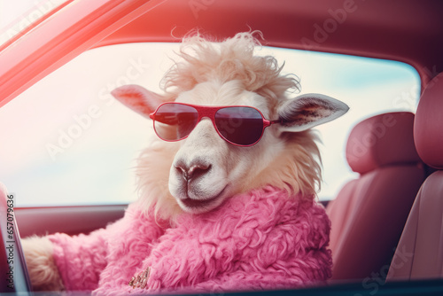 Sheep in sunglasses driving a pink car in sunny day. Generative AI