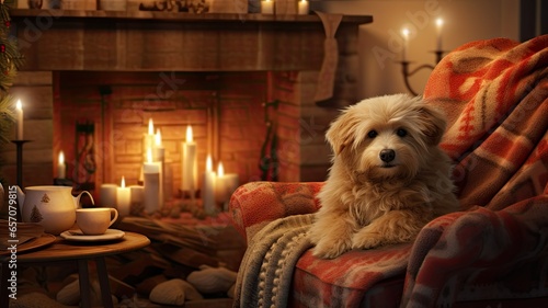 the dog snuggled up in a comfy chair, wearing a warm winter sweater and hat. The background feature warm, inviting colors and textures to convey a sense of comfort and relaxation.