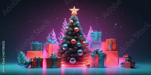 Glowing Christmas Tree light effect for christmas gritting card.. Digital tree for abstract card for New Year greetings. Cyber technology tree in a futuristic style © Eli Berr