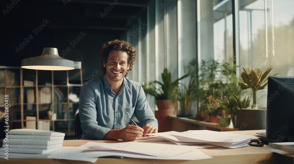 Young architect with a smiling face sits and works with documents. In an office with a clear glass background. overlooking modern buildings Young architect with a smiling face sits and works with documents. In an office with a clear glass background. overlooking modern buildings