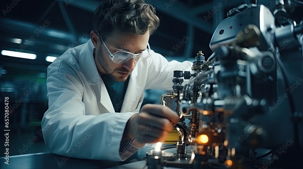 Young female scientist opening a gas tank There is a pressure measuring device. Young female scientist opening a gas tank There is a pressure measuring device.