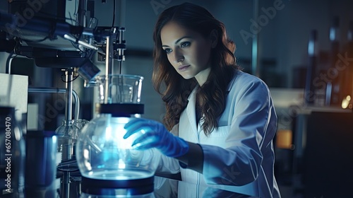 Young female scientist opening a gas tank There is a pressure measuring device.