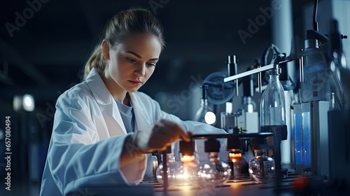 Young female scientist opening a gas tank There is a pressure measuring device.